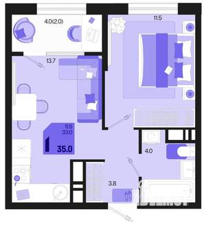 1-к квартира, вторичка, 35м2, 12/18 этаж