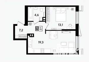 1-к квартира, строящийся дом, 44м2, 7/18 этаж