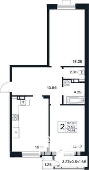 2-к квартира, вторичка, 74м2, 6/12 этаж