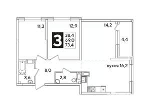 3-к квартира, вторичка, 73м2, 14/16 этаж