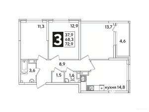 3-к квартира, вторичка, 72м2, 12/16 этаж