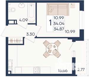 1-к квартира, вторичка, 35м2, 14/18 этаж
