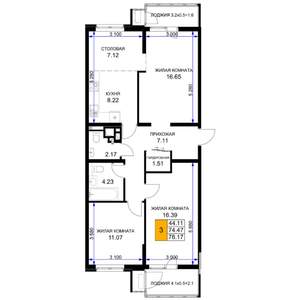 3-к квартира, строящийся дом, 78м2, 5/16 этаж