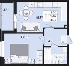 1-к квартира, вторичка, 39м2, 2/8 этаж