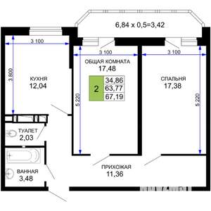 2-к квартира, строящийся дом, 67м2, 12/19 этаж