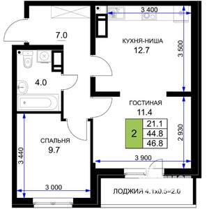 2-к квартира, строящийся дом, 47м2, 3/16 этаж