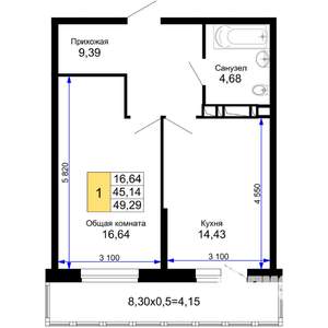 1-к квартира, вторичка, 49м2, 8/15 этаж