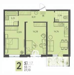 2-к квартира, сданный дом, 57м2, 10/18 этаж
