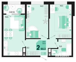 2-к квартира, вторичка, 60м2, 14/18 этаж