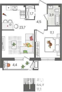 1-к квартира, вторичка, 49м2, 2/24 этаж
