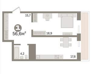 1-к квартира, вторичка, 57м2, 14/25 этаж