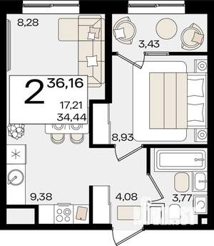 2-к квартира, вторичка, 36м2, 6/18 этаж