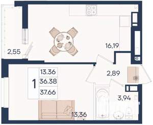 1-к квартира, вторичка, 38м2, 3/18 этаж