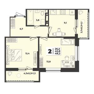 2-к квартира, строящийся дом, 48м2, 4/9 этаж