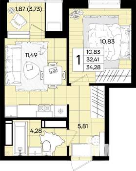 1-к квартира, вторичка, 34м2, 10/18 этаж