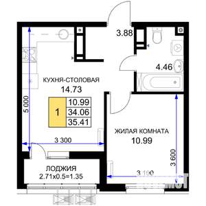 1-к квартира, строящийся дом, 35м2, 17/18 этаж