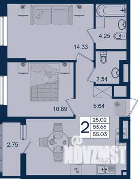 2-к квартира, вторичка, 55м2, 2/18 этаж