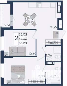 2-к квартира, вторичка, 55м2, 17/18 этаж
