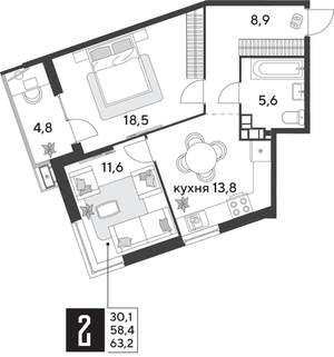 2-к квартира, строящийся дом, 63м2, 6/18 этаж