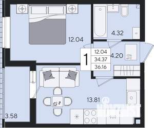 1-к квартира, вторичка, 36м2, 2/8 этаж