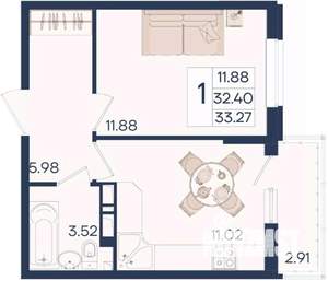 1-к квартира, вторичка, 33м2, 18/18 этаж