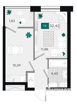 1-к квартира, вторичка, 32м2, 9/18 этаж