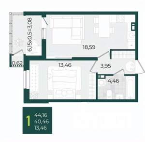 1-к квартира, вторичка, 44м2, 6/21 этаж