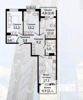 3-к квартира, вторичка, 82м2, 4/19 этаж