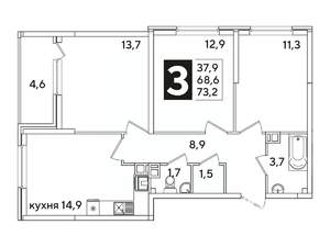 3-к квартира, вторичка, 73м2, 11/16 этаж