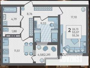 2-к квартира, вторичка, 55м2, 13/19 этаж