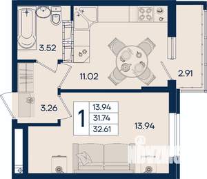 1-к квартира, вторичка, 33м2, 14/18 этаж