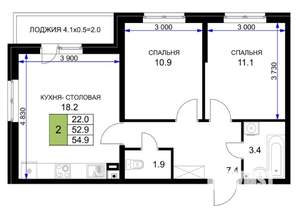 2-к квартира, вторичка, 53м2, 12/16 этаж