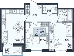 2-к квартира, вторичка, 59м2, 2/21 этаж