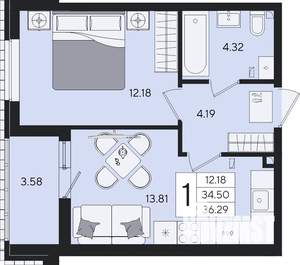 1-к квартира, строящийся дом, 36м2, 2/9 этаж