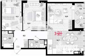 3-к квартира, вторичка, 73м2, 15/16 этаж