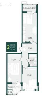2-к квартира, вторичка, 68м2, 8/21 этаж