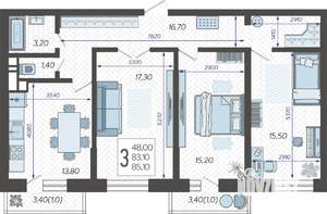 3-к квартира, строящийся дом, 87м2, 1/12 этаж