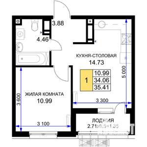 1-к квартира, строящийся дом, 35м2, 18/18 этаж