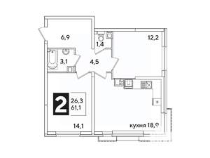 2-к квартира, вторичка, 61м2, 6/16 этаж