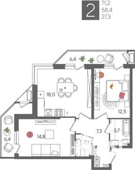 2-к квартира, вторичка, 71м2, 2/24 этаж