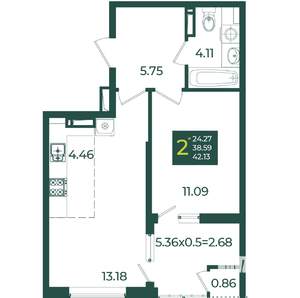 2-к квартира, вторичка, 42м2, 17/18 этаж