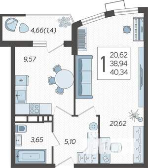 1-к квартира, строящийся дом, 40м2, 19/21 этаж