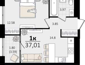 1-к квартира, вторичка, 37м2, 16/16 этаж