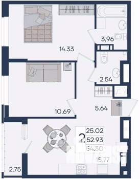 2-к квартира, вторичка, 54м2, 10/18 этаж
