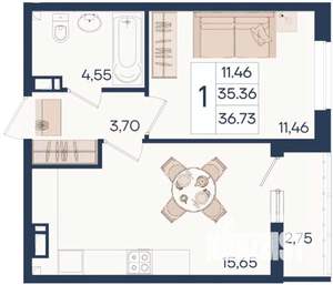 1-к квартира, вторичка, 37м2, 3/18 этаж
