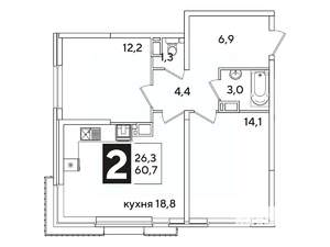 2-к квартира, вторичка, 61м2, 14/16 этаж