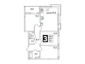 3-к квартира, вторичка, 73м2, 5/16 этаж