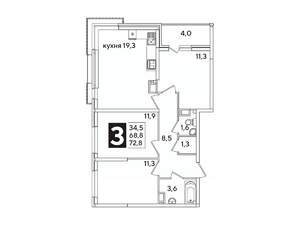 3-к квартира, вторичка, 73м2, 12/16 этаж