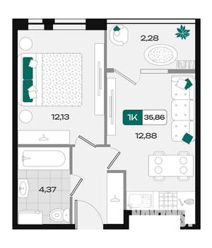 1-к квартира, вторичка, 36м2, 12/18 этаж
