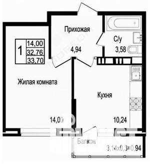 1-к квартира, вторичка, 33м2, 14/17 этаж